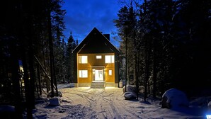 A cabin with a central entrance, surrounded by snow-covered ground and trees, at night.