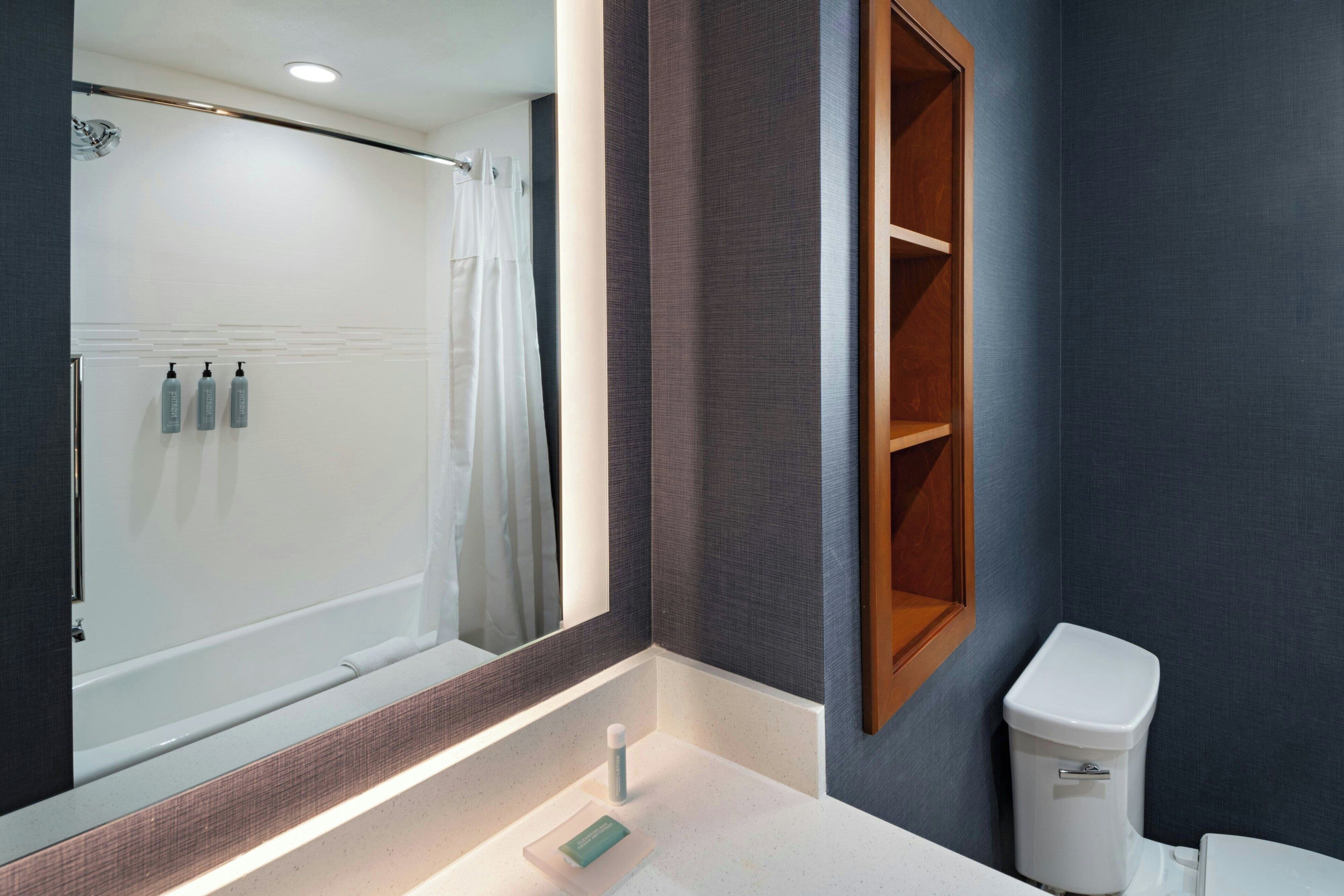 A modern bathroom with a glass shower enclosure, a white toilet, and a vanity with a mirror.