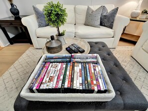 Smart TV, DVD player, books, music library