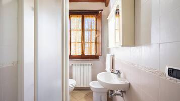 A bathroom with a toilet, sink, and window with curtains.
