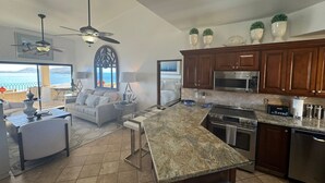 A modern kitchen with granite countertops, stainless steel appliances, and wooden cabinets. There is a dining area with a white sofa and a view of the ocean through a large window.