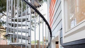A spiral staircase with metal railings leading to a wooden deck. - Mid-Century Marvel Steps from Restaurants and Bars (Washington)