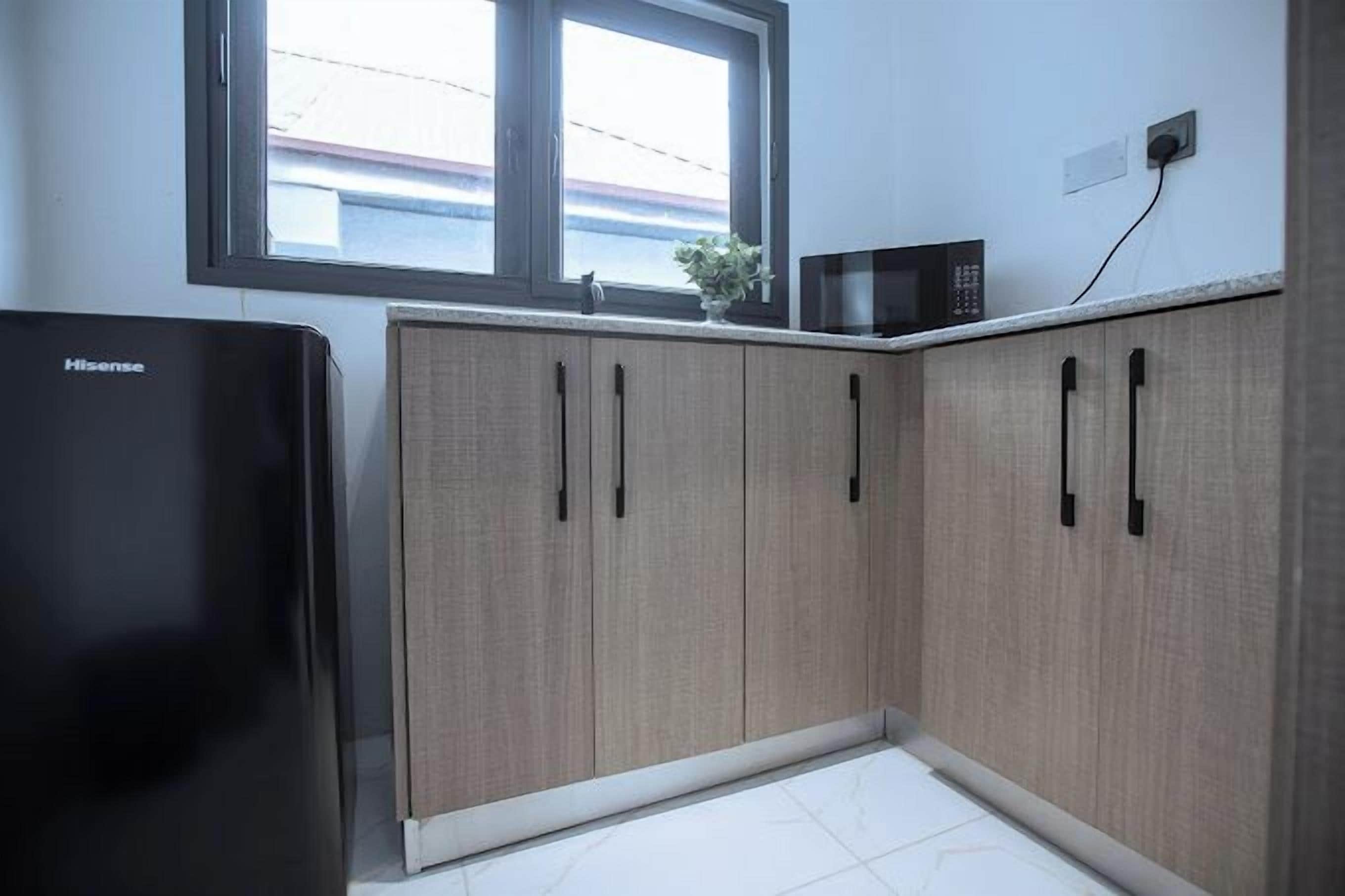A compact kitchen with a Hisense refrigerator, wooden cabinets, a microwave, and a window above the sink.