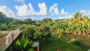 A lush garden with a variety of tropical plants, a small bridge, and a clear blue sky. - La Mignonnette kréole Family villa sleeps 4 + 2 (Saint-Esprit)