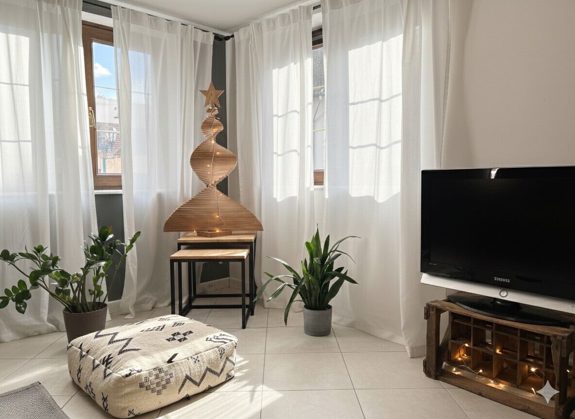 Uma sala de estar moderna com televisão, uma mesa de madeira e duas plantas em vasos.
