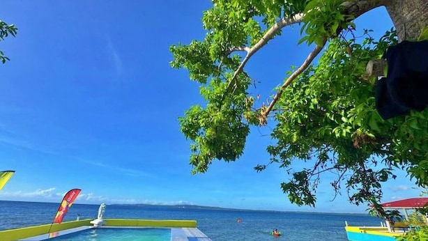 A pool area with clear blue water, a view of the ocean, and a tree branch overhanging the pool. - Arenzo Beach Resort Calatagan Batangas (Calatagan)