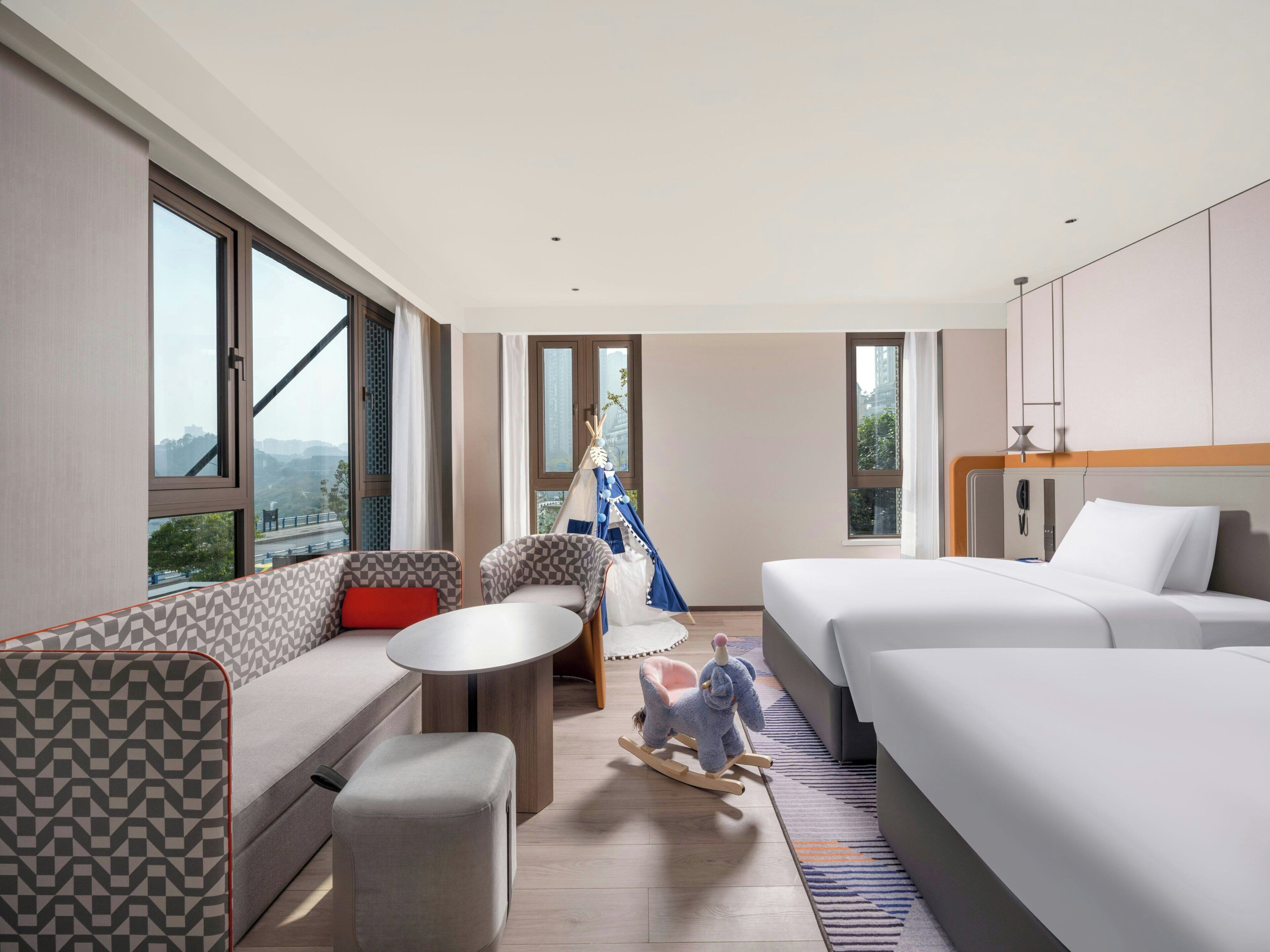 1 King and 1 Double Standard River View | Premium bedding, down comforters, desk, laptop workspace