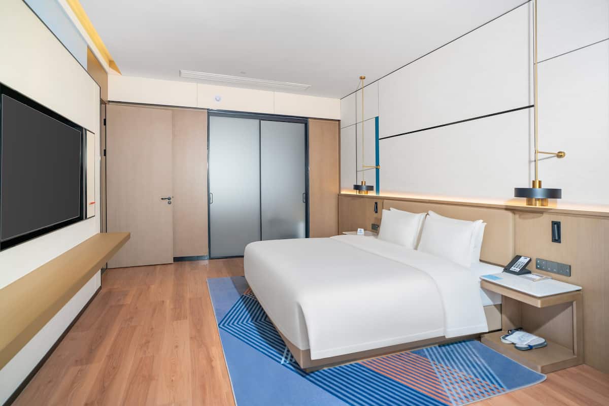 Una habitación de hotel moderna con una cama grande, una mesita de noche con teléfono, un televisor de pantalla plana y un armario.