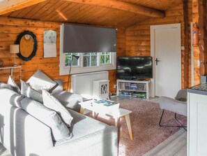 Een gezellig interieur van een houten blokhut met een bank, een televisietoestel en een boekenkast.