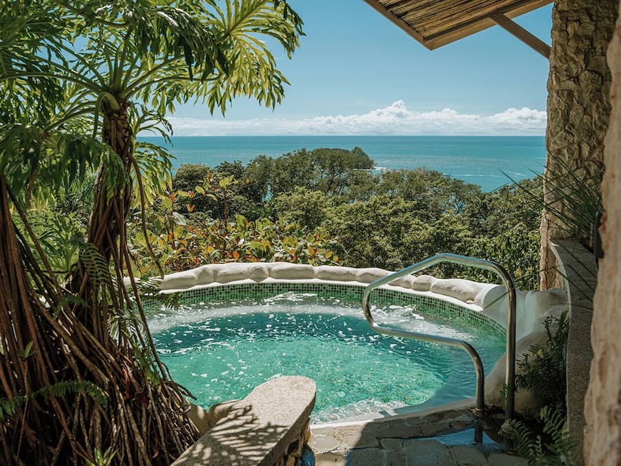 Un jacuzzi con vistas al océano y exuberante follaje.
