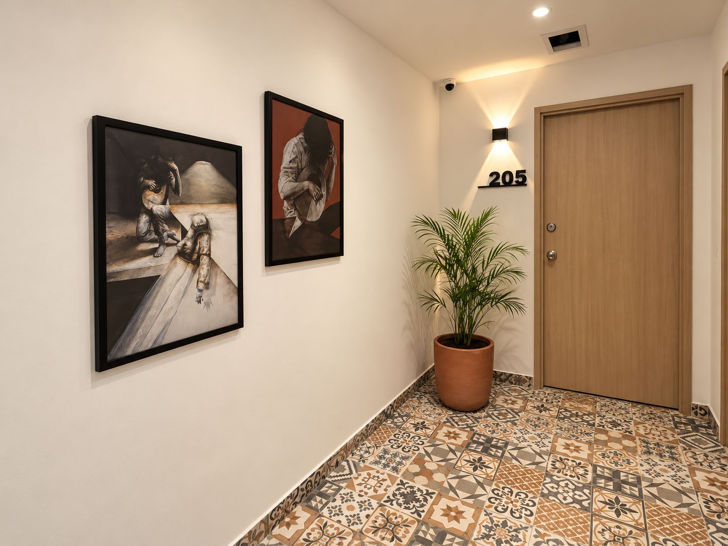 Un pasillo con dos cuadros enmarcados, una planta en maceta, una puerta con un número y baldosas de piso estampadas.
