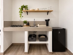 A modern kitchen with a built-in gas stove, a stainless steel sink, a black refrigerator, and a shelf with dishes and a plant. - Apartasuites ISABEL (Cali)