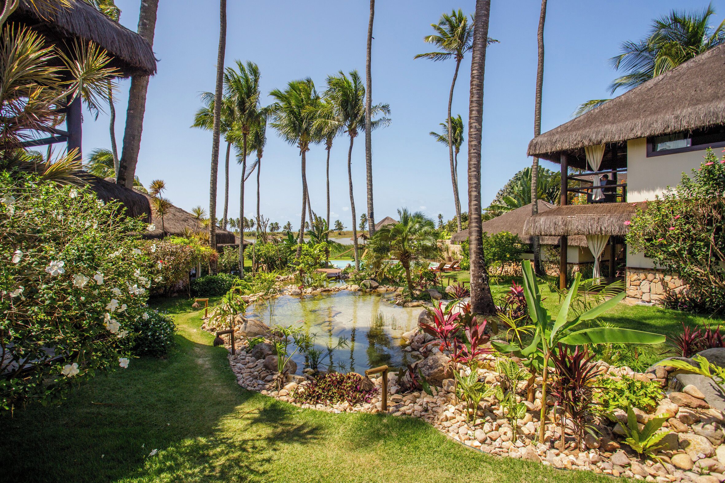 Un jardin tropical avec un étang, des palmiers et des constructions à toits de chaume.