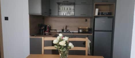 Apartment | Private kitchen | Fridge, microwave, oven, stovetop