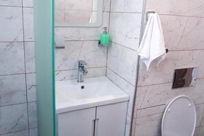 Căn hộ | Phòng tắm | Buồng tắm vòi sen, máy sấy tóc, khăn tắm, giấy vệ sinh