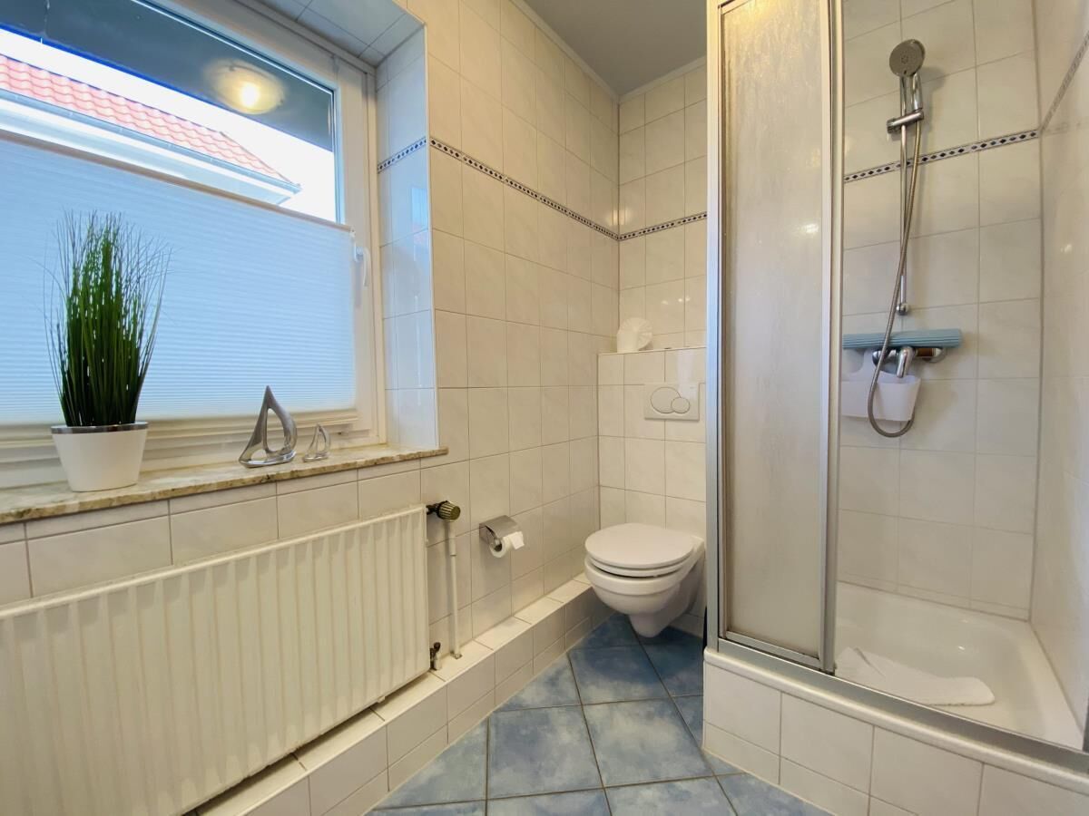 A bathroom with a toilet, a shower, and a radiator.