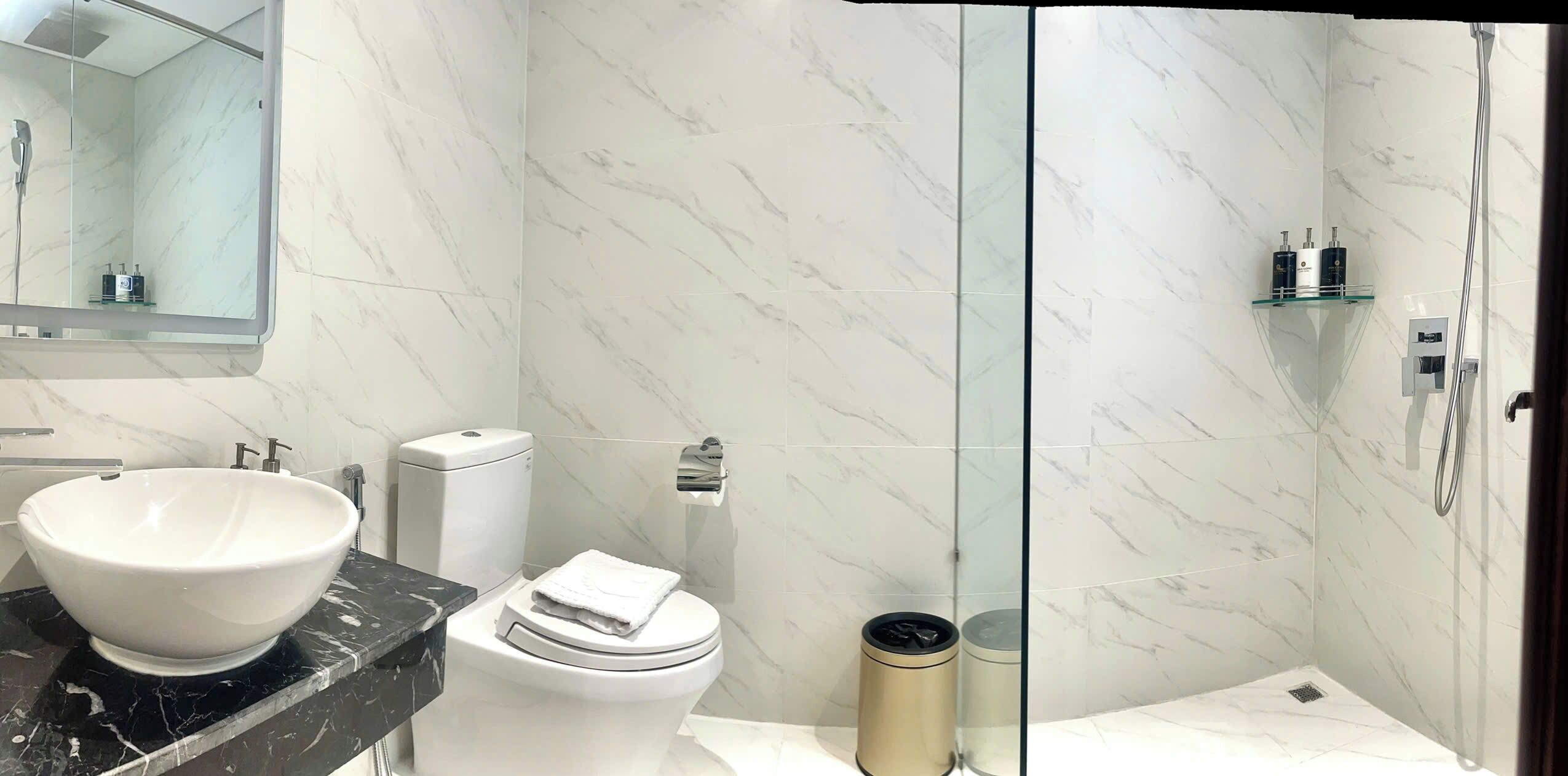 A modern bathroom with a marble vanity, a white sink, a toilet, and a glass-enclosed shower area.