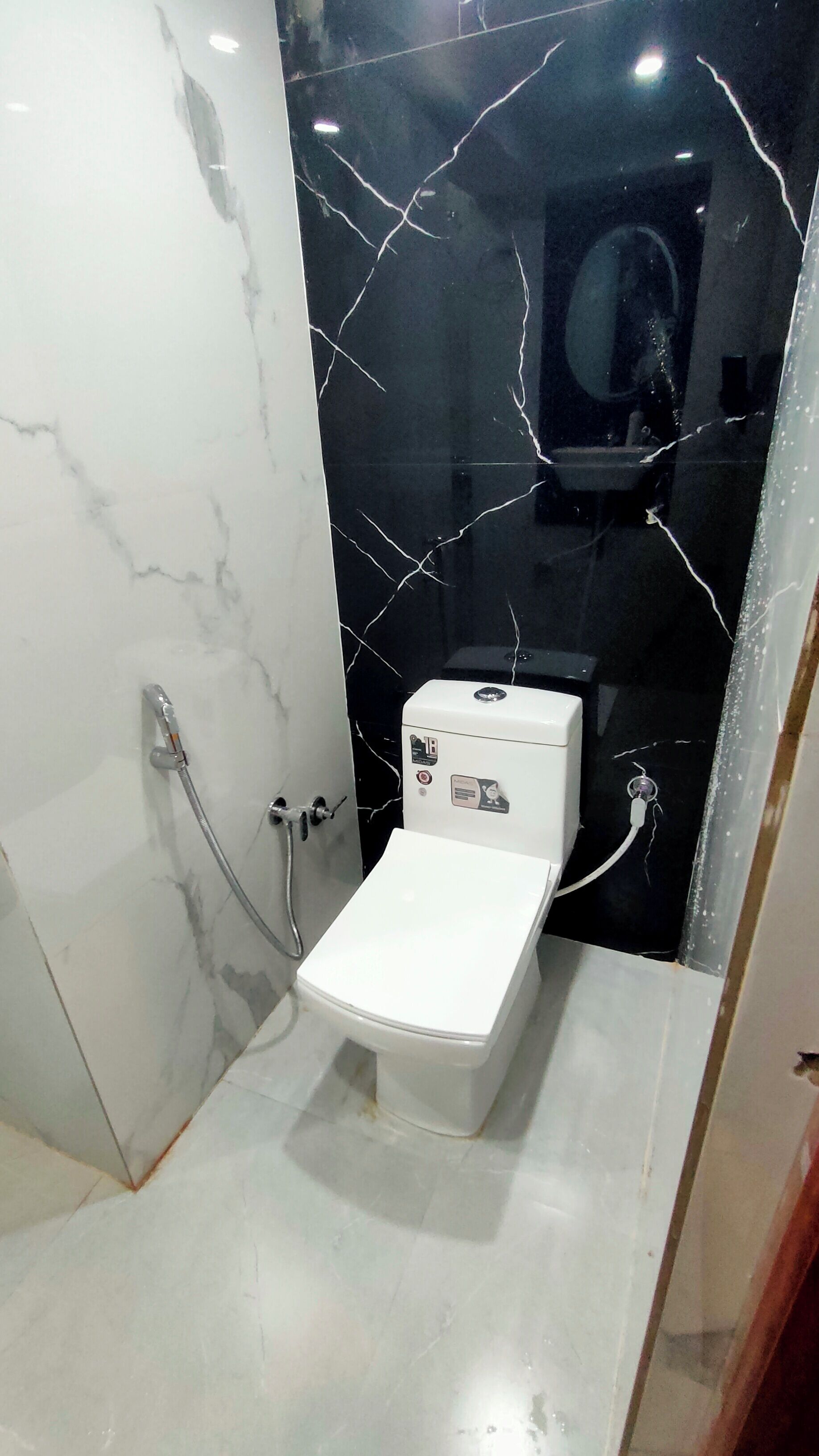 A small, modern bathroom with a white toilet, a shower unit, and a black marble wall with white veins.