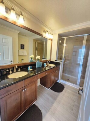 Hair dryer, towels, soap, toilet paper