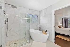 Hair dryer, towels, soap, shampoo