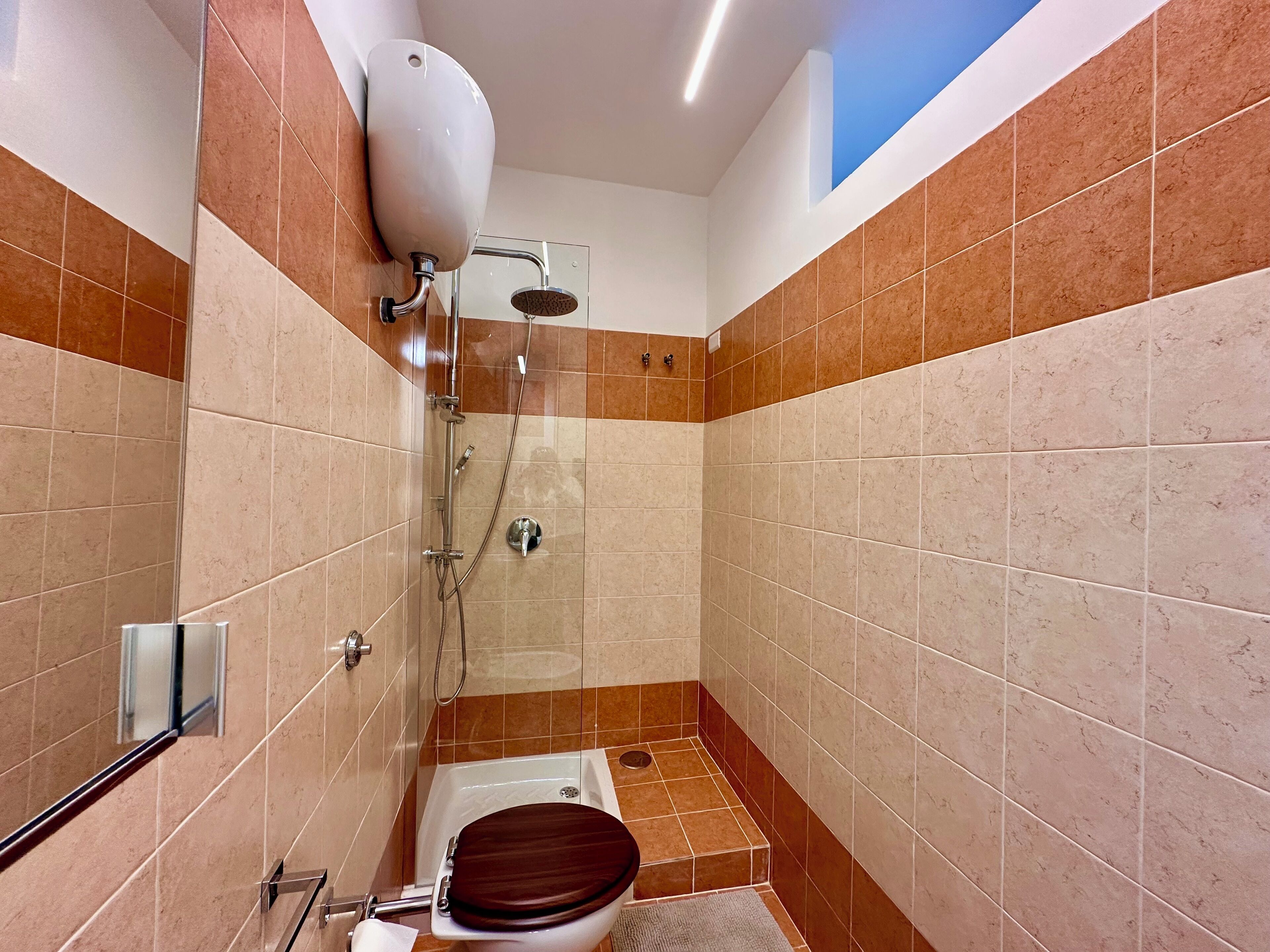 A small bathroom with a shower, toilet, and a towel rack.