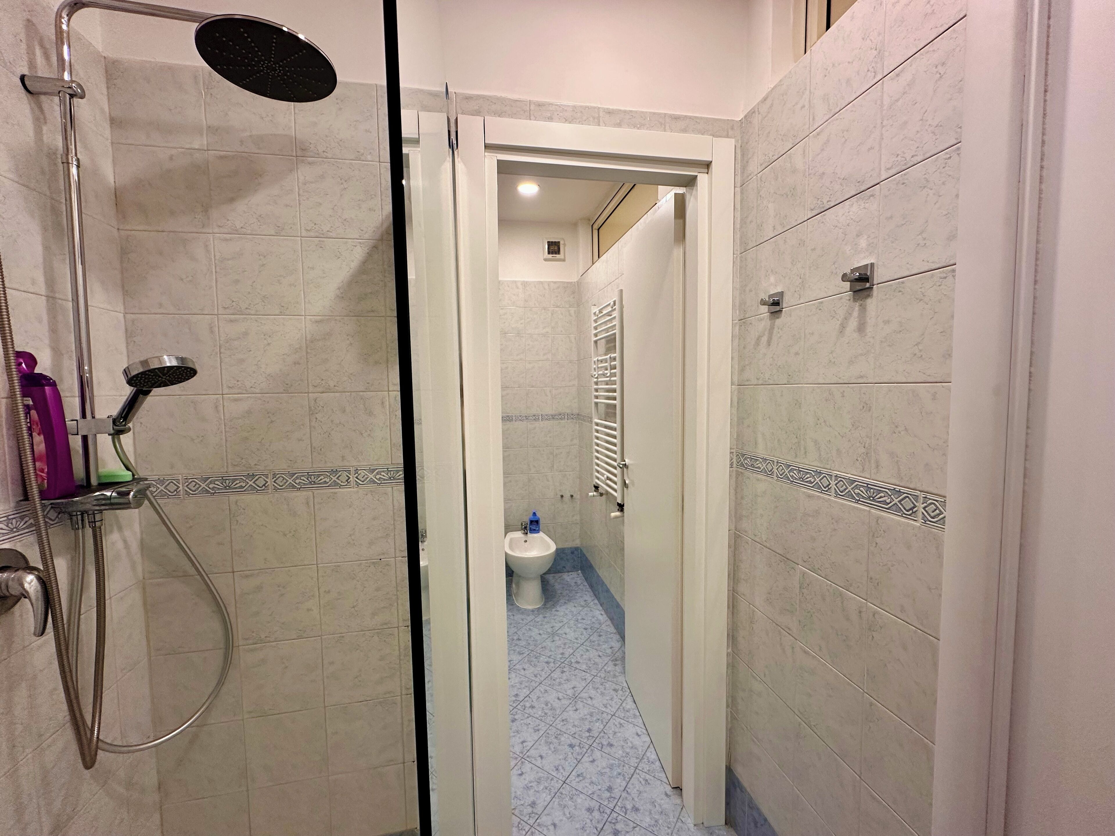 A bathroom with a shower, toilet, and bidet.