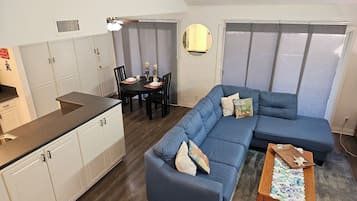 Televisión, chimenea, reproductor de DVD y libros