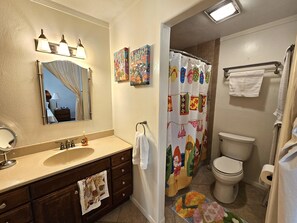 Hair dryer, towels, soap, shampoo
