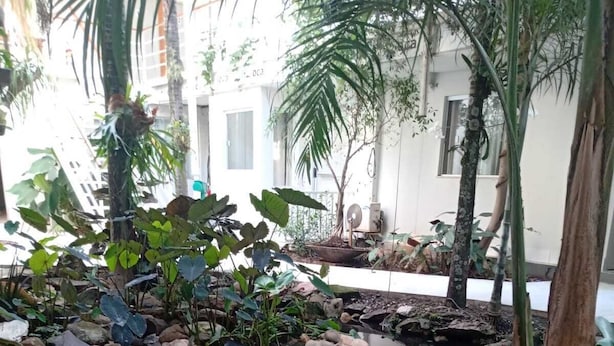 A small pond with rocks and plants, surrounded by a tiled walkway. - Pousada Oca (Holambra)