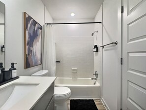 Hair dryer, towels, toilet paper