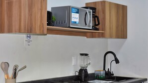 A kitchen with a microwave on a wooden shelf, a blender on the counter, and a gas stove. - Beautiful Department in the Historic Center. 201 (San Luis Potosí)