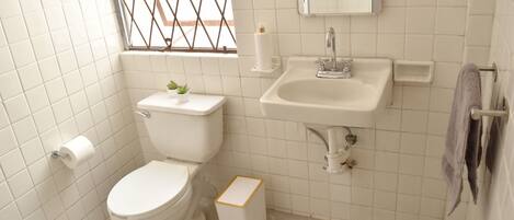 Douche, sèche-cheveux, serviettes fournies, savon