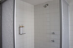 Douche, sèche-cheveux, serviettes fournies, savon