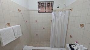 Shower, towels, soap, toilet paper