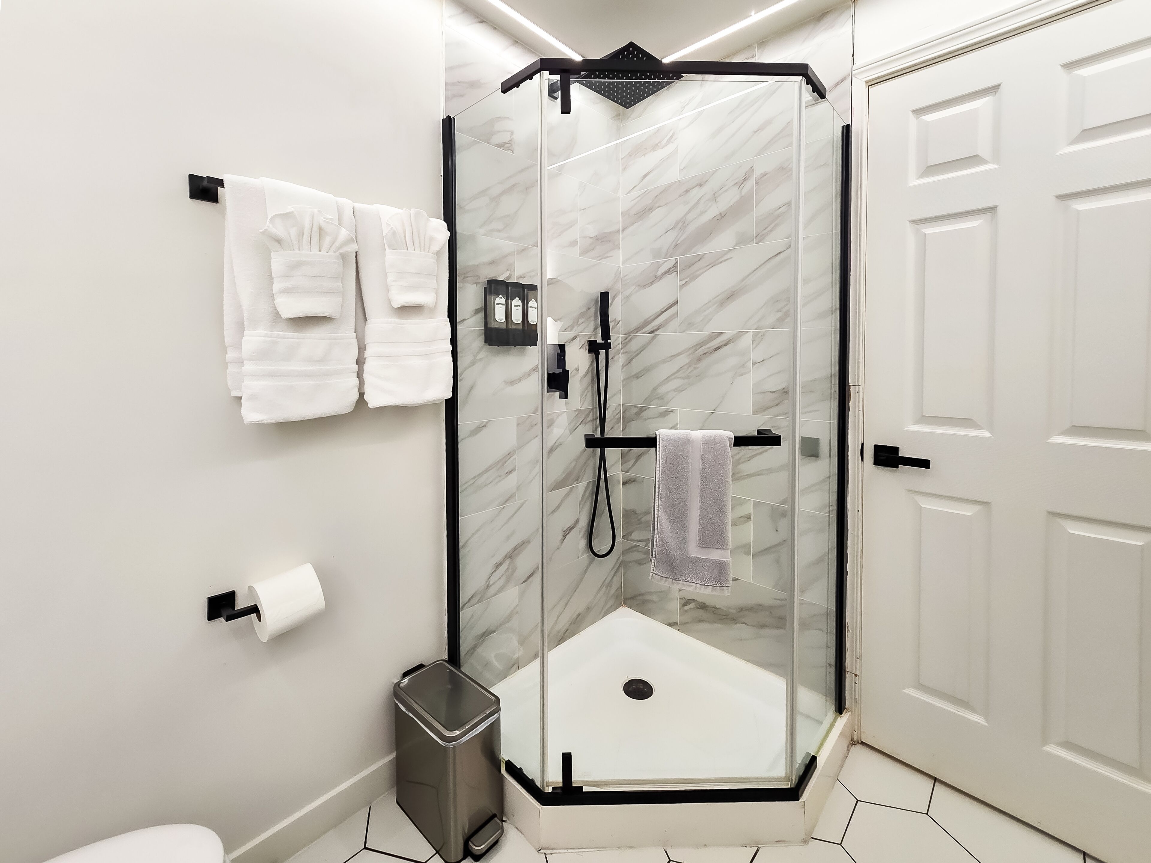 Hair dryer, towels, soap, toilet paper