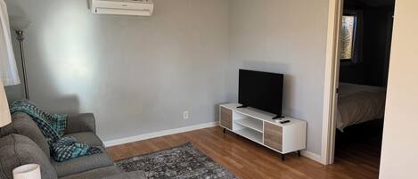 A living room with a grey sofa, a small wooden table, a TV on a white stand, and a patterned rug.