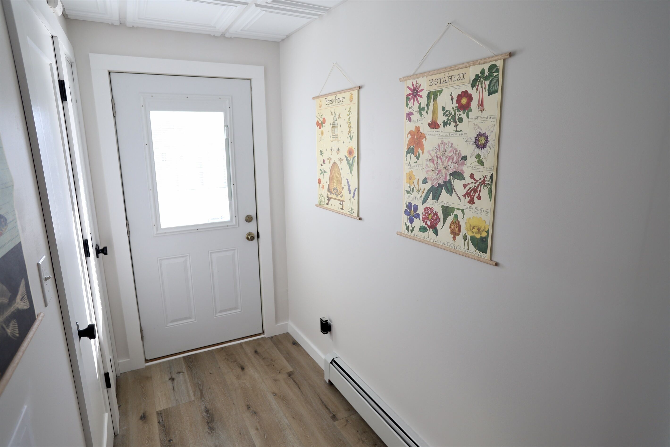 Un couloir avec une porte blanche, un plancher en bois et deux affiches illustrant des plantes accrochées au mur.