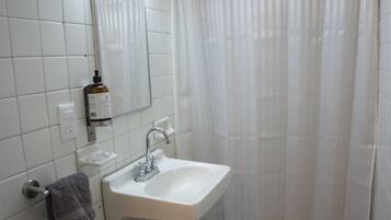 Douche, sèche-cheveux, serviettes fournies, savon