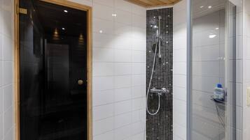 Shower, towels, toilet paper