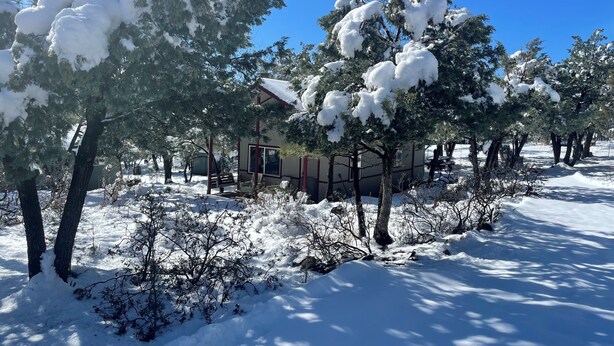 A snow-covered landscape with a house surrounded by trees. - Calypso's Hideaway in delightful Pine with WiFi, AC (Pine)