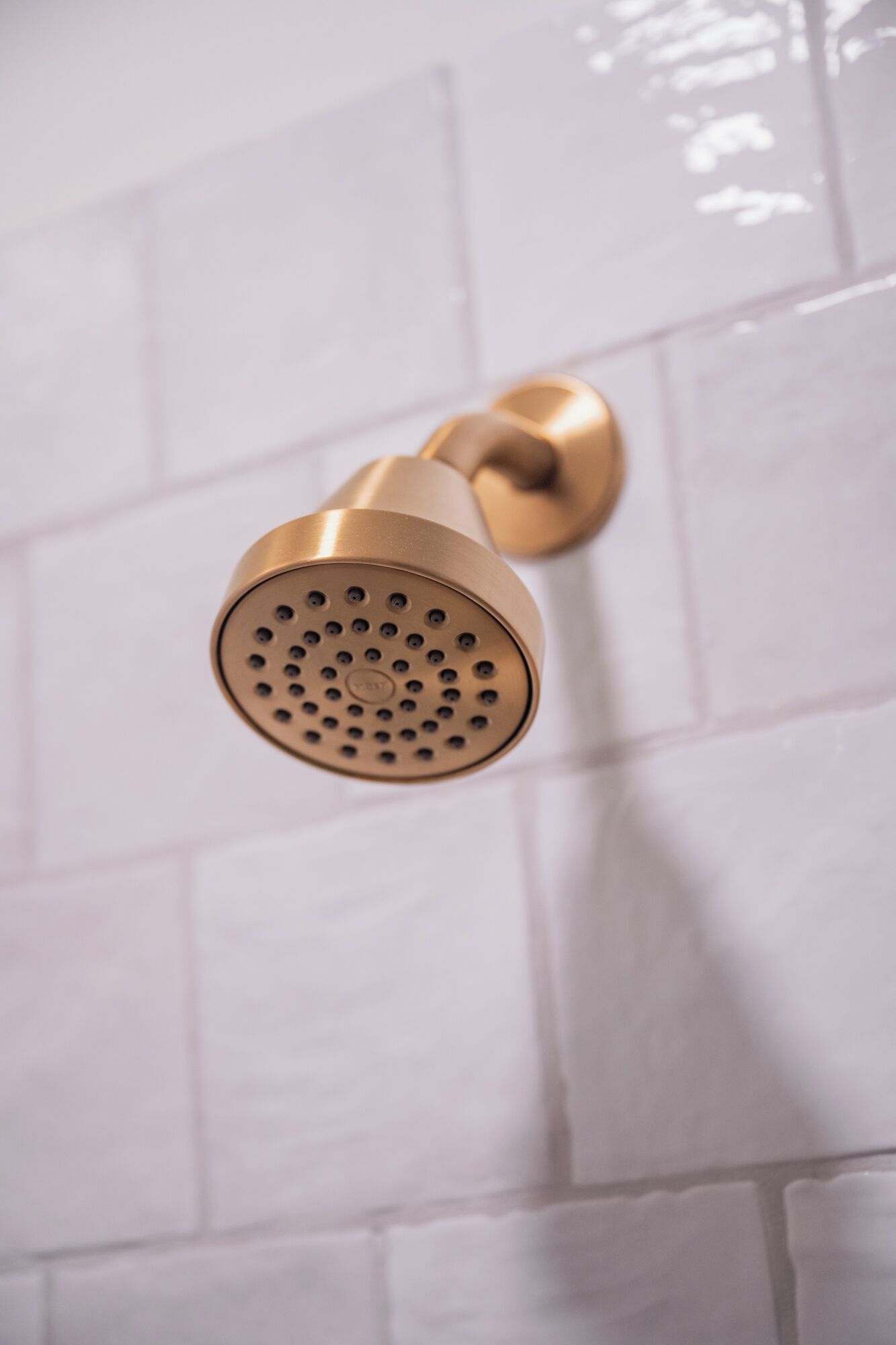 Un pommeau de douche de couleur dorée, fixé sur un mur recouvert de carreaux.