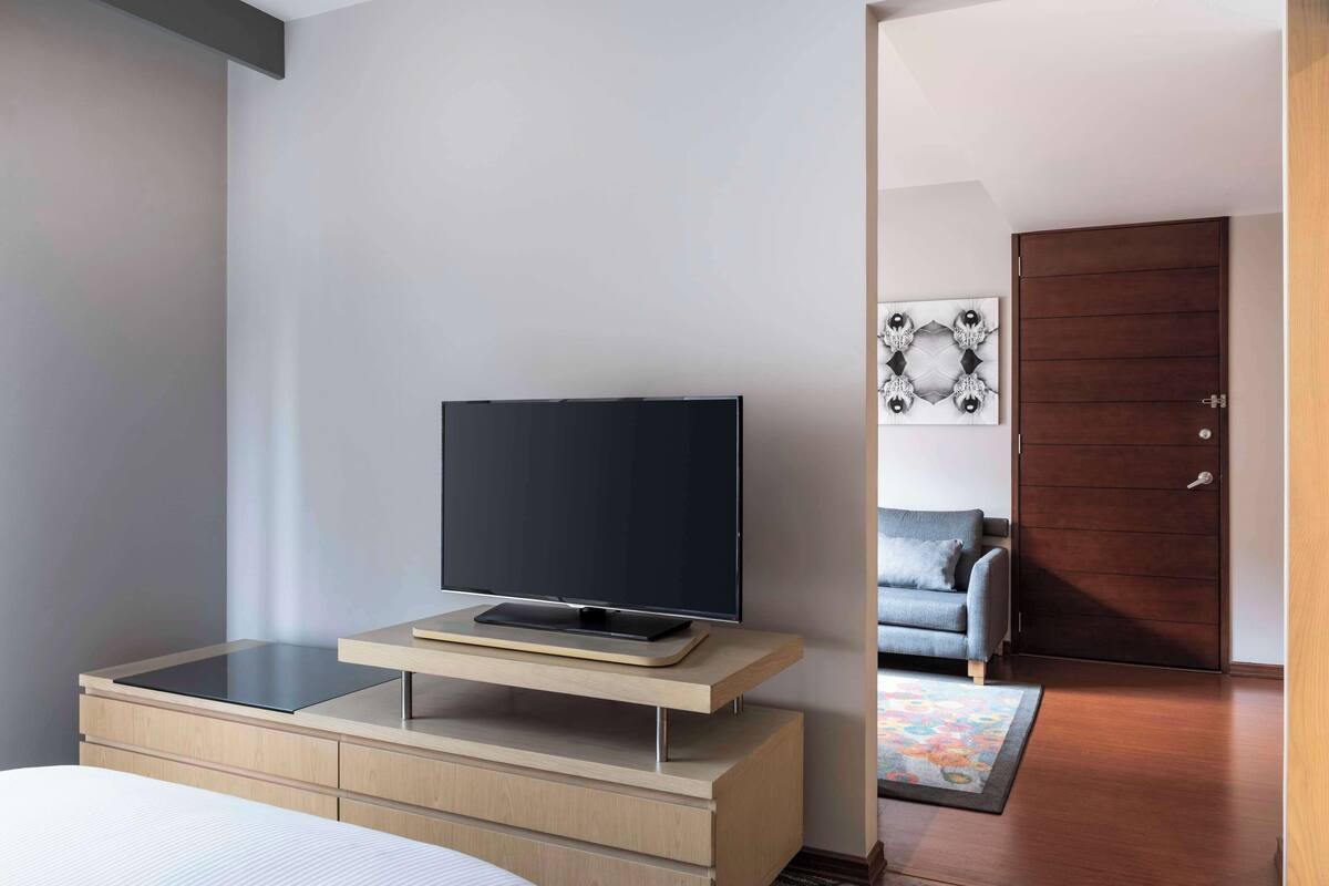 A modern bedroom with a flat-screen TV on a wooden stand, a bed with a white mattress, a grey sofa, and a wooden door.