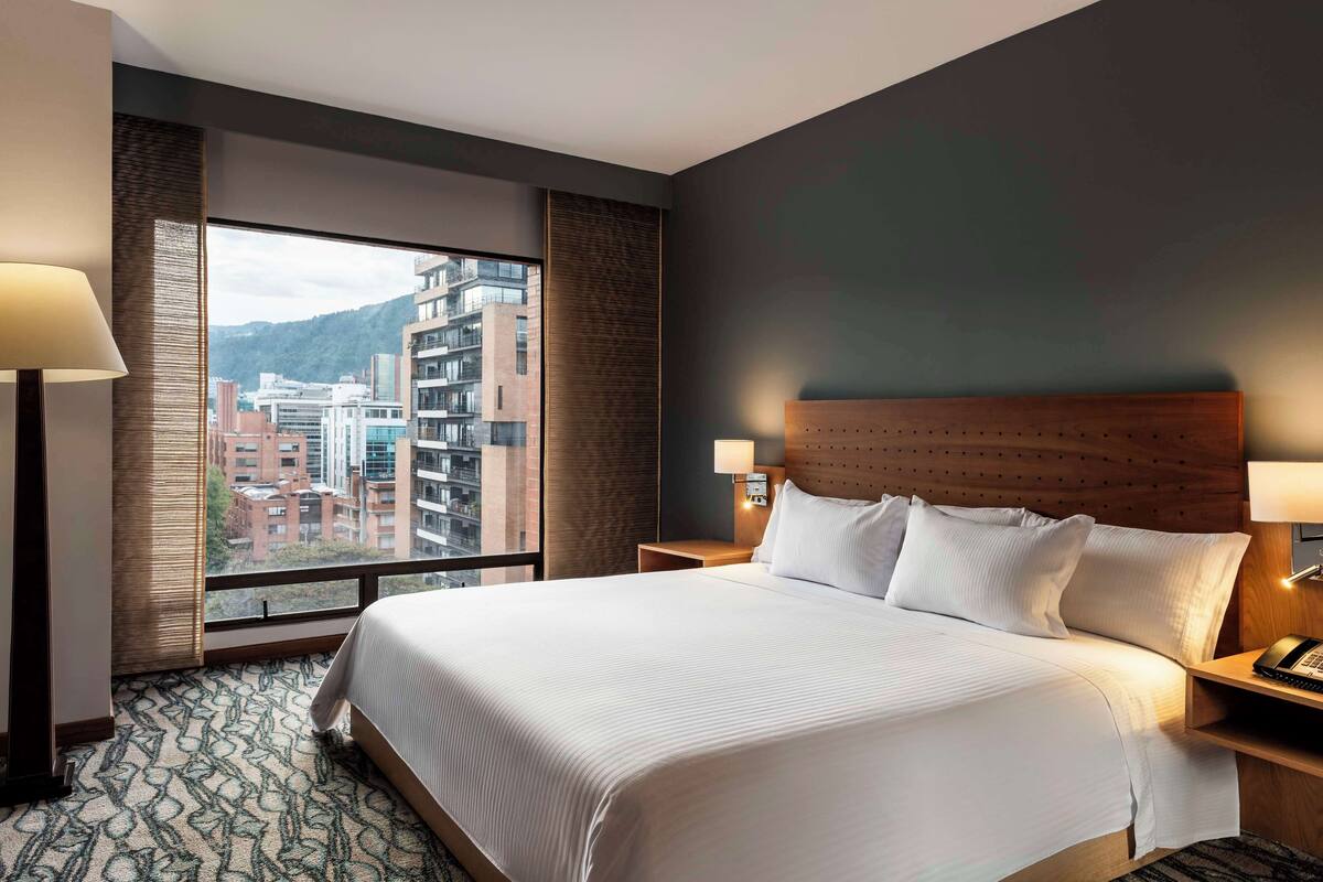 A hotel room with a large bed, a nightstand with a phone, a lamp, and a view of buildings through a window.
