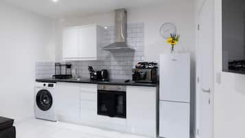 Fridge, microwave, toaster, cookware/dishes/utensils