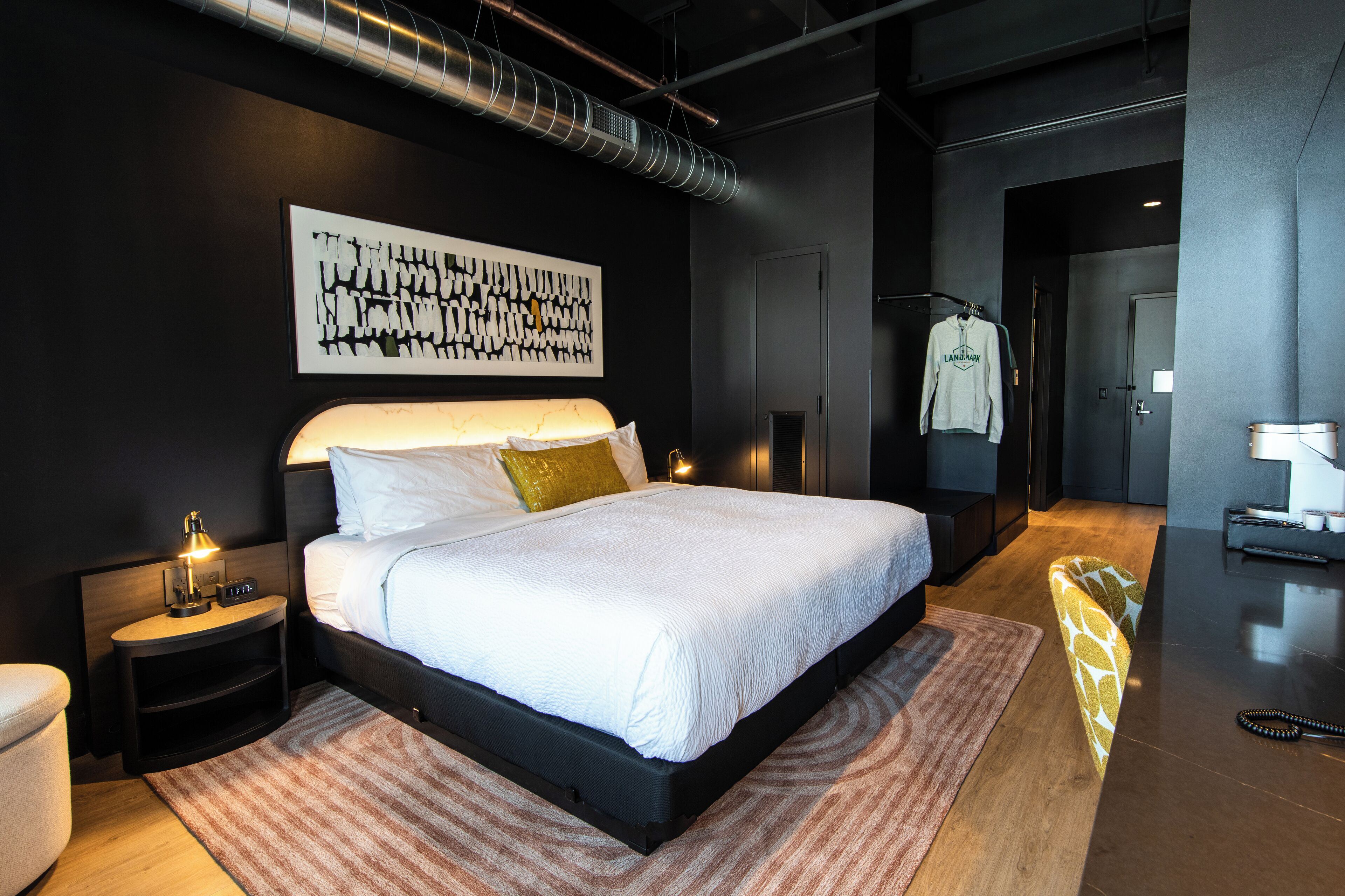 Frette Italian sheets, premium bedding, memory-foam beds, desk