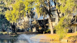 A lake with a fountain in the center, surrounded by trees and a building with balconies. - 13Beach Stop Hilton Head (Hilton Head Island)