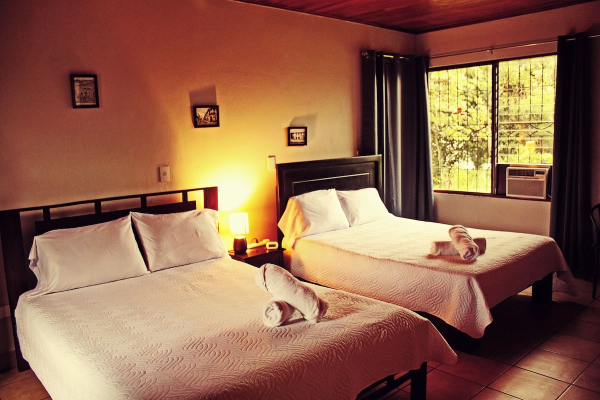 Two single beds with white linens and towels, a nightstand with a lamp, and a window with curtains.