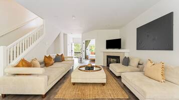 Smart TV, chimenea y libros