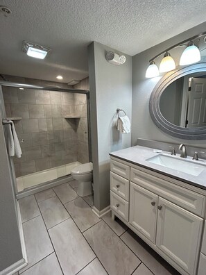 Hair dryer, towels, soap, toilet paper