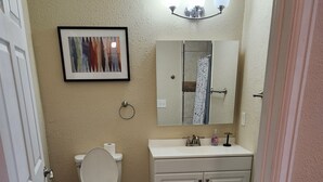 A bathroom with a toilet, sink, mirror, and a framed picture on the wall. - Charming studio in enchanting Colorado Springs with WiFi, AC (Colorado Springs)